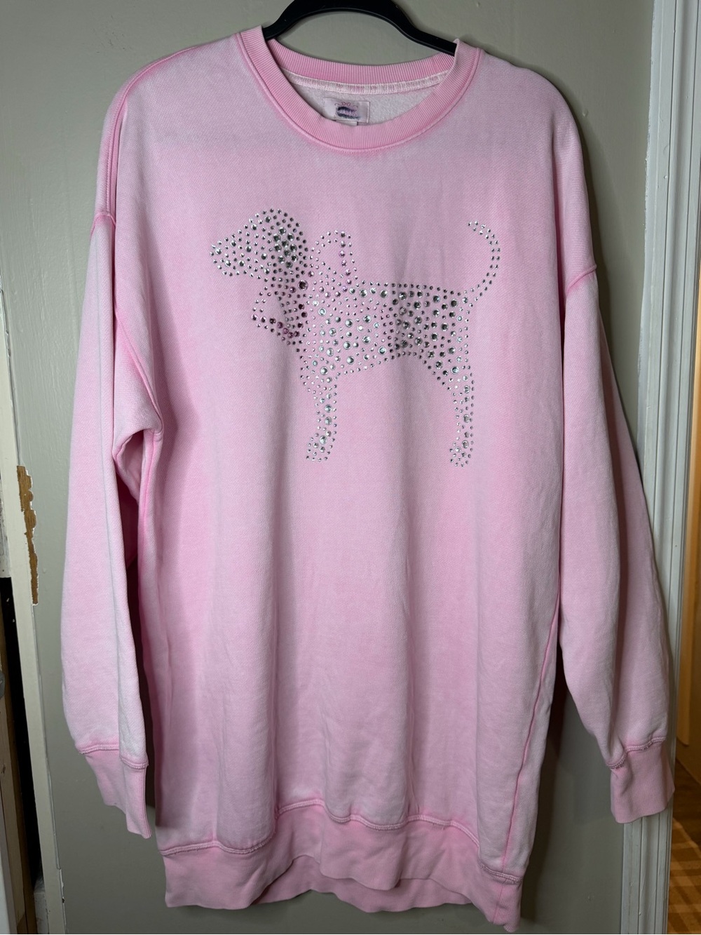 PINK x LoveShackFancy Oversized Crew Neck Sweatshirt Dress Rhinestone Pink SZ M